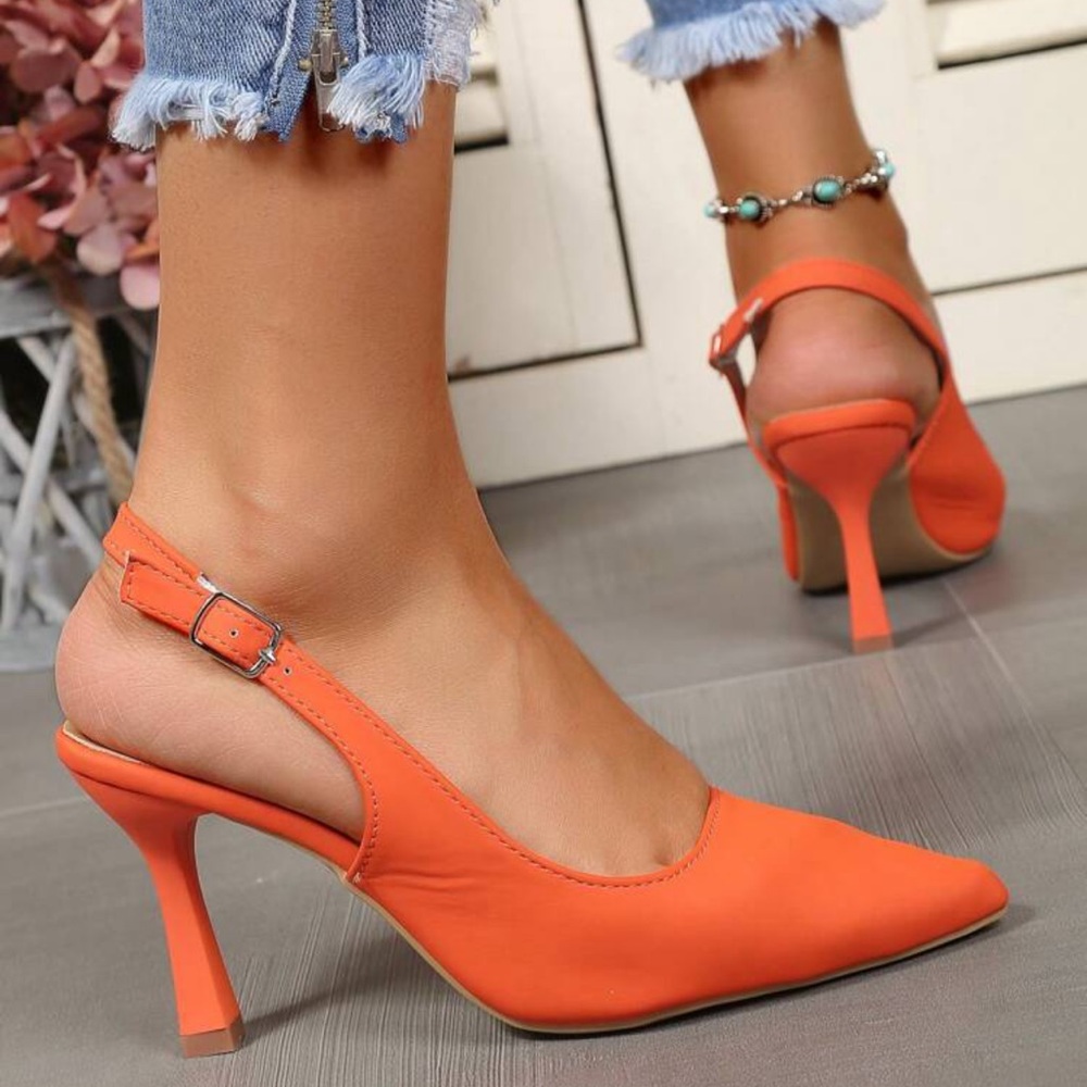 Women Slingbacks,Point Toe Stiletto Heels Neon Orange